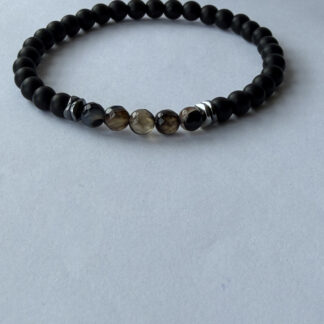Matte Onyx and Coffee Stripe Agate Stretch Bracelet for Men, 6 mm Beads — featured image