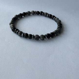 Grey Labradorite and Black Onyx Stretch Bracelet for Men with Hematite Spacers — featured image