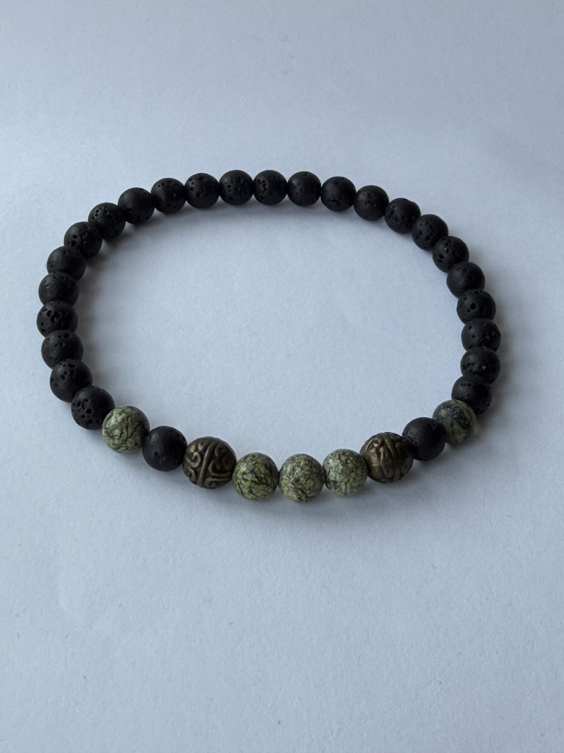 Lava Stone and Serpentine Stretch Bracelet for Men with Antique Bronze Beads — featured image
