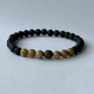 Lava Stone and Jasper Stretch Bracelet for Men with Carved Antique Bronze Bead — featured image