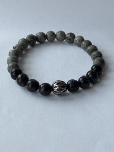 Blue and Gray Beaded Stretch Bracelet for Men, 8 mm — lifestyle photo