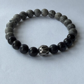 Blue Tiger Eye and Grey Map Jasper Stretch Bracelet for Men, 8mm Beads — featured image