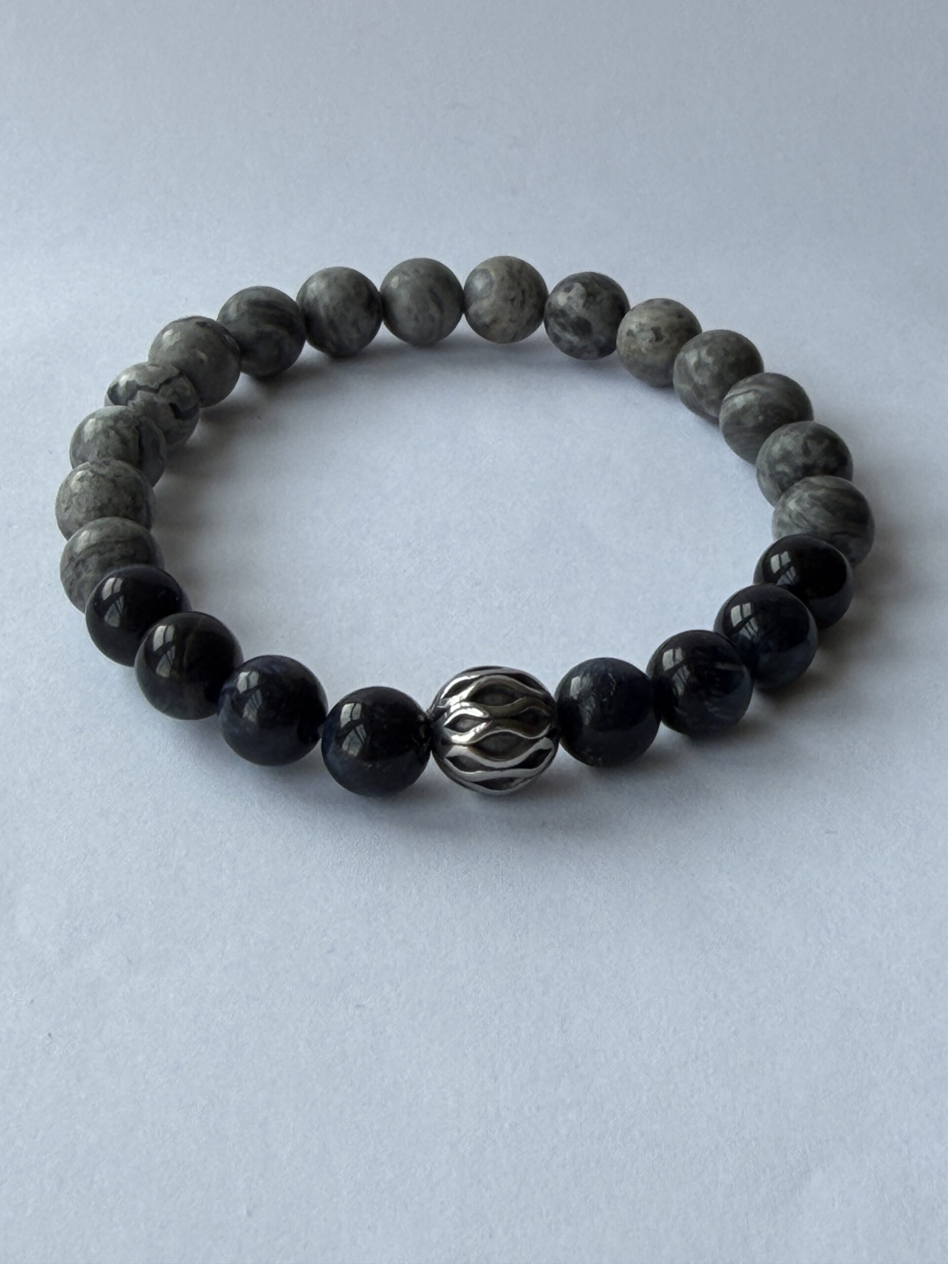 Blue Tiger Eye and Grey Map Jasper Stretch Bracelet for Men, 8mm Beads — featured image