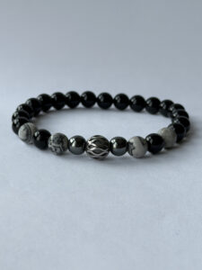 Black and Gray Beaded Bracelet for Men – Silver-Color Filigree Accent — lifestyle photo