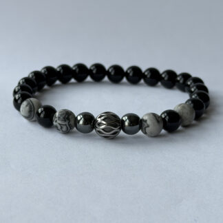 Black Onyx Bracelet for Men – Map Jasper, Hematite and Silver-Tone Filigree Bead — featured image