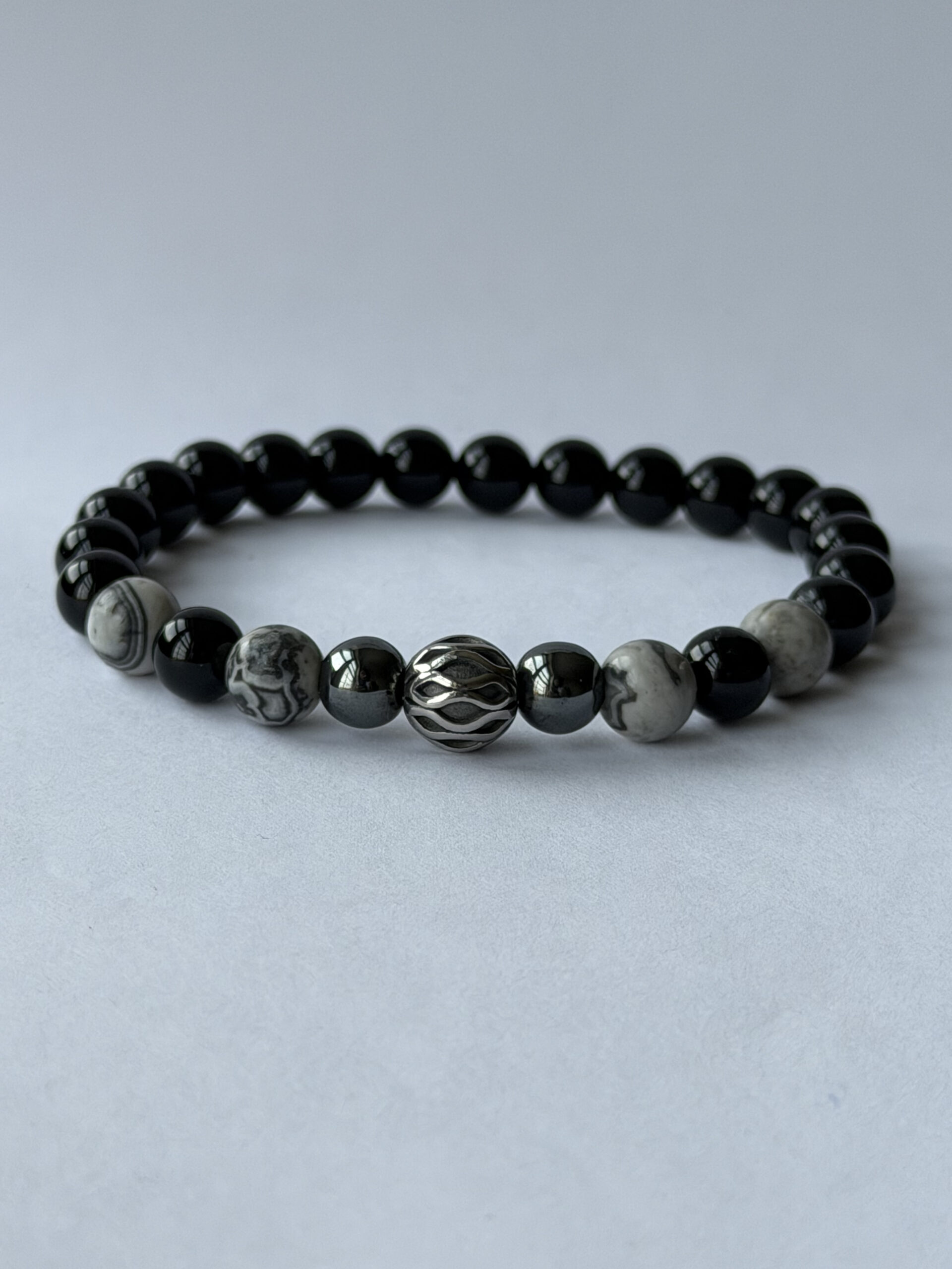 Black Onyx Bracelet for Men – Map Jasper, Hematite and Silver-Tone Filigree Bead — featured image