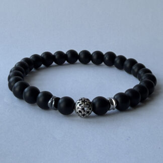 Matte Black Onyx Bracelet for Men, Antique Silver Filigree Bead, 8 mm Stretch — featured image