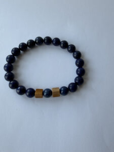 Deep Blue Beaded Stretch Bracelet for Men, Brown Cube Accents, 8 mm — lifestyle photo