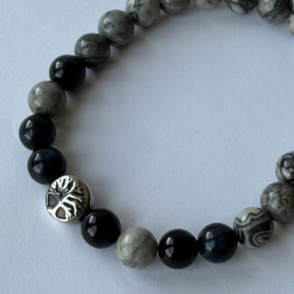Blue Tiger Eye Map Jasper Men's Stretch Bracelet with Tree of Life Bead — featured image