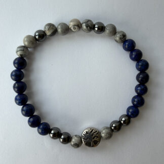 Lapis Lazuli and Map Jasper Stretch Bracelet for Men, Tree of Life Bead — featured image