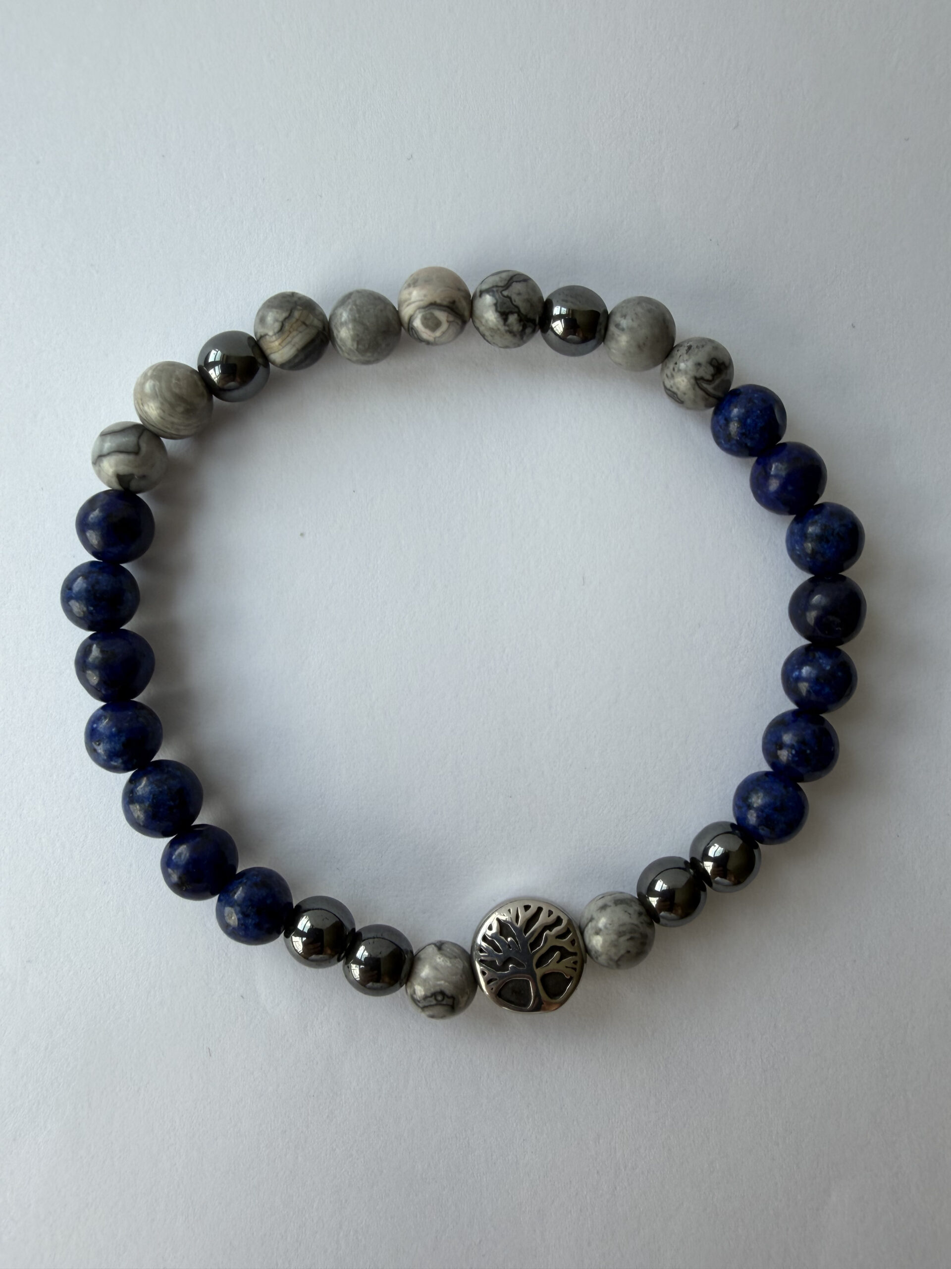 Lapis Lazuli and Map Jasper Stretch Bracelet for Men, Tree of Life Bead — featured image