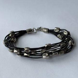 Black Leather Multi Strand Bracelet with Silver-Tone Leaf Beads – Lobster Clasp — featured image