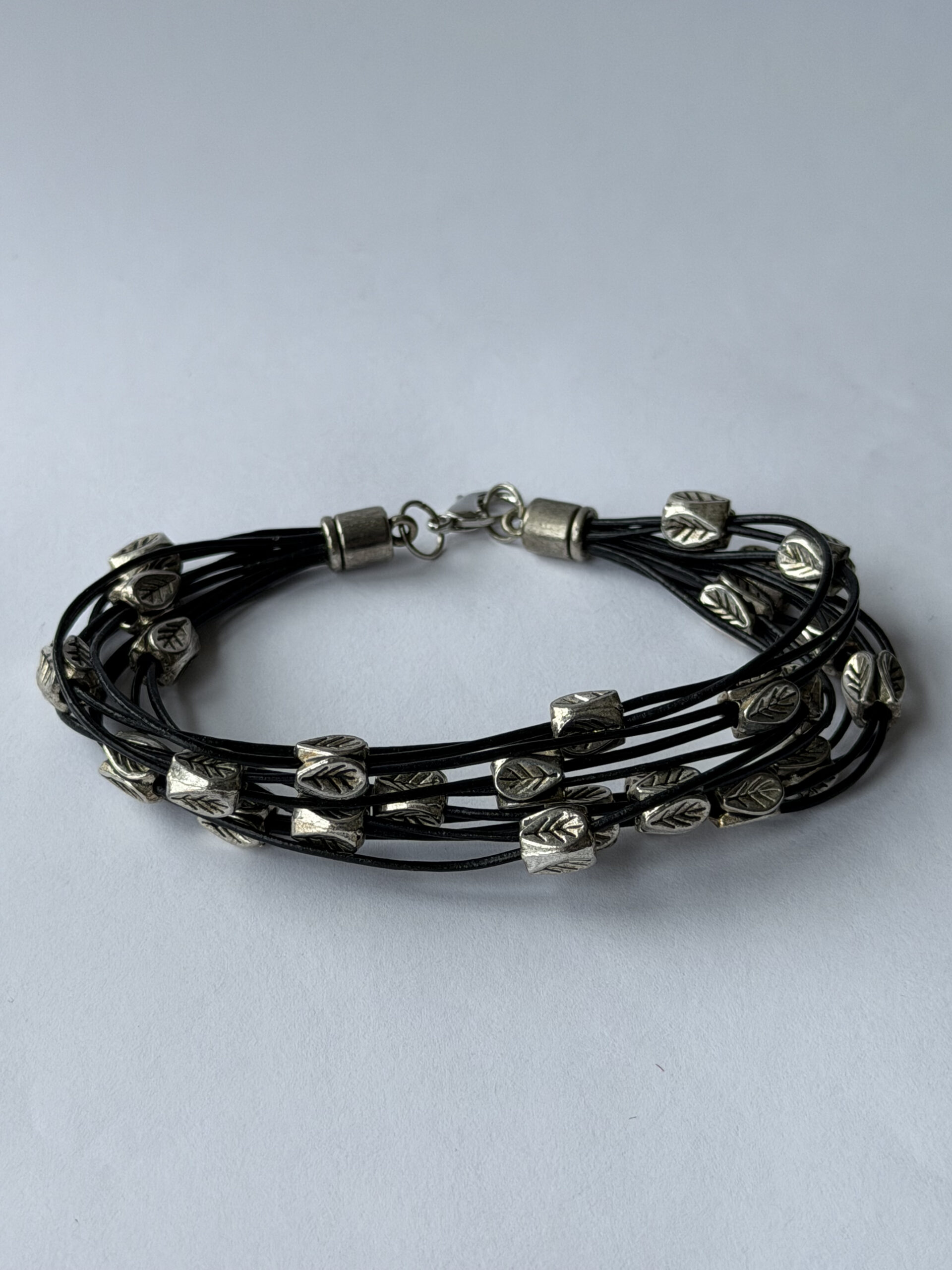 Black Leather Multi Strand Bracelet with Silver-Tone Leaf Beads – Lobster Clasp — featured image