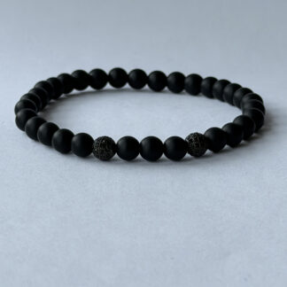 Matte Black Stretch Bracelet for Men, 6 mm Beads, Two Black Pavé Accents — featured image