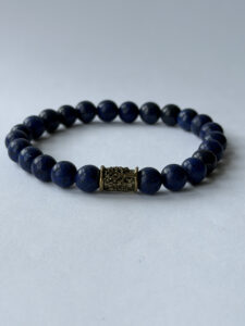 Deep Blue Beaded Stretch Bracelet for Men, 8 mm Beads, Bronze-Color Tree of Life — lifestyle photo