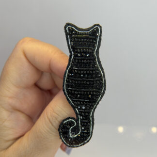 Black Cat Silhouette Brooch – Hand Embroidered Bugle Bead and Rhinestone Pin — featured image