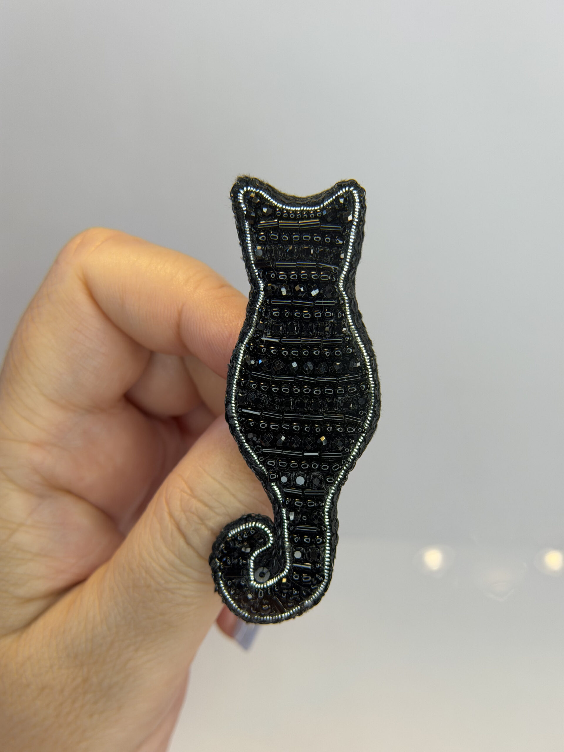 Black Cat Silhouette Brooch – Hand Embroidered Bugle Bead and Rhinestone Pin — featured image