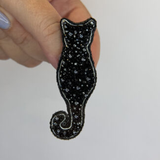 Black Sparkle Cat Silhouette Brooch – Hand Embroidered Faceted Glass Bead Pin — featured image