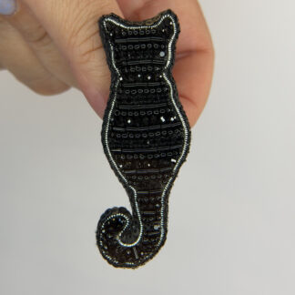 Striped Black Cat Brooch – Hand Embroidered Sitting Silhouette Rhinestone Pin — featured image