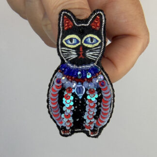 Sequin Black Cat Brooch with Blue Glass Bead Collar – Hand Embroidered Pin — featured image