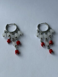 Red and White Beaded Fringe Hoop Earrings – Silver-Tone Hinged Hoops, Tassel Drops — lifestyle photo