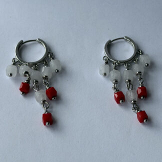 Red and White Beaded Fringe Hoop Earrings – Silver-Tone Hinged Hoops, Tassel Drops — featured image