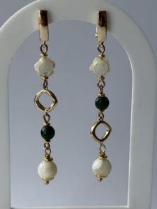 Iridescent Rose Earrings – Long Gold-Tone Dangles, Green Bead, Ivory Drop — lifestyle photo