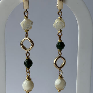 Mother of Pearl Rose Earrings – Long Gold-Tone Dangles, Green Bead, Ivory Drop — featured image
