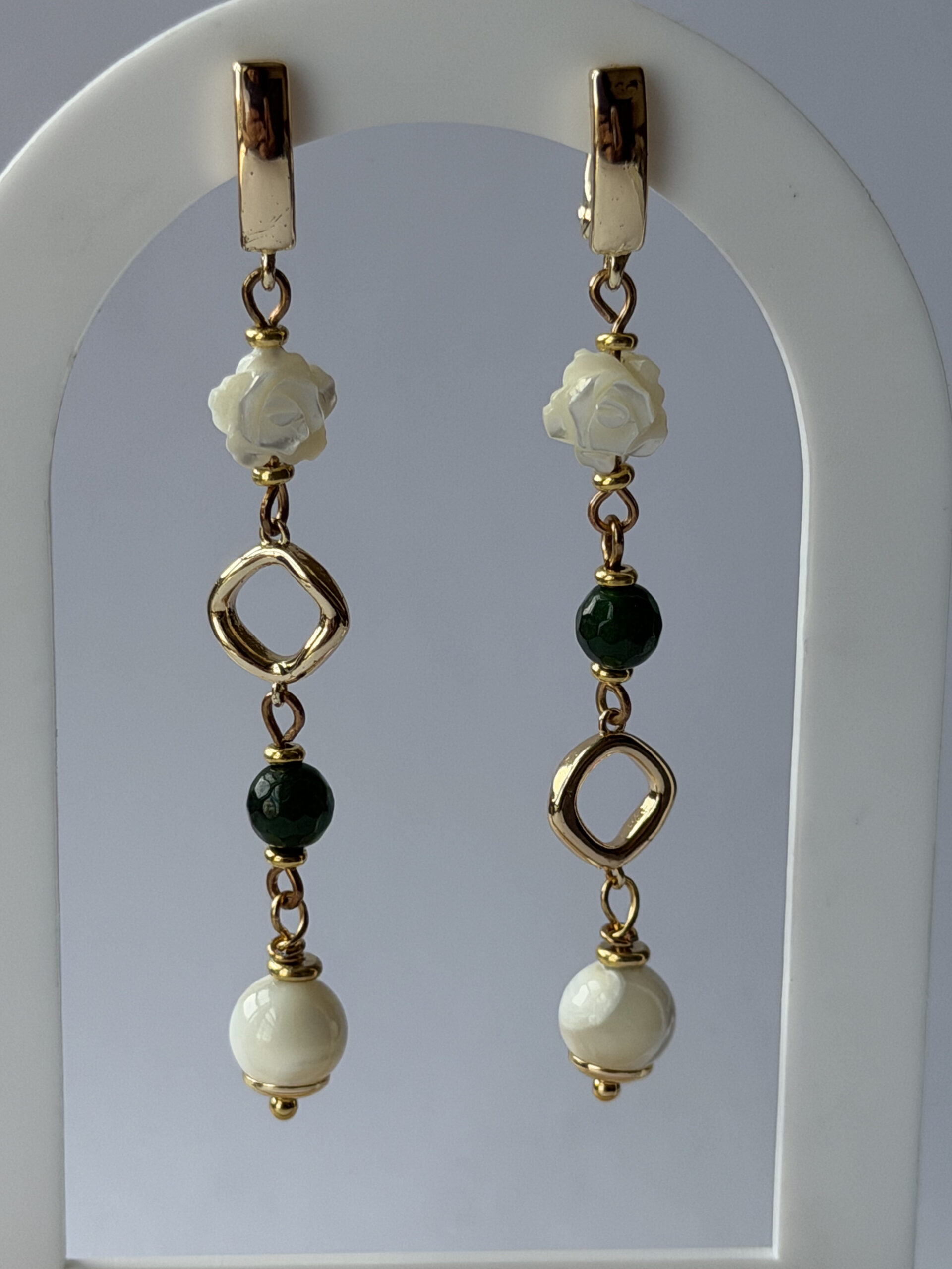 Mother of Pearl Rose Earrings – Long Gold-Tone Dangles, Green Bead, Ivory Drop — featured image