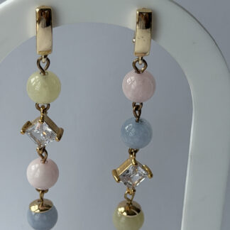 Morganite Pastel Bead Earrings – Long Gold-Tone Dangles with Square Crystal, Mismatched — featured image