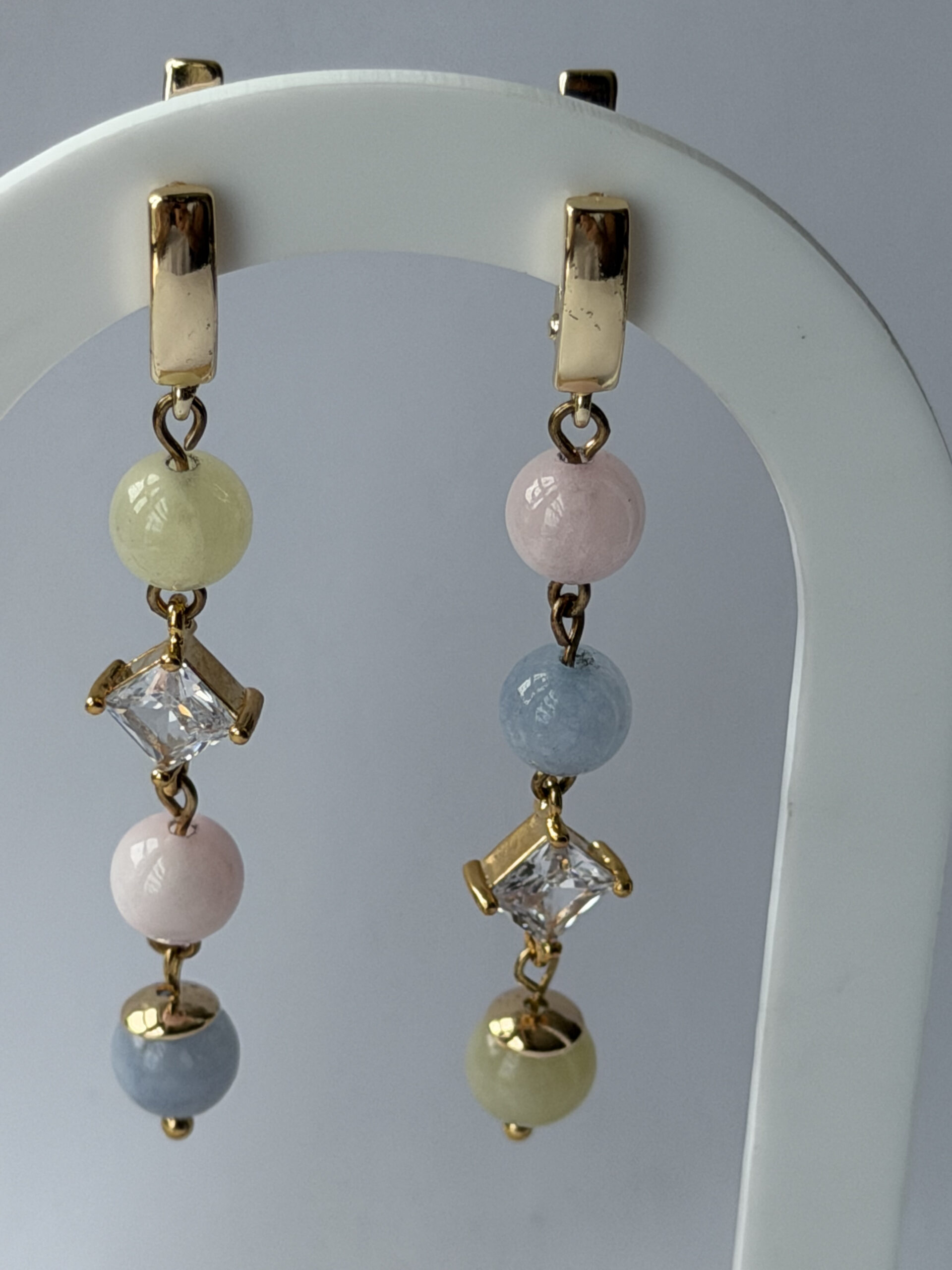 Morganite Pastel Bead Earrings – Long Gold-Tone Dangles with Square Crystal, Mismatched — featured image