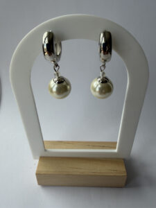 Chunky Silver-Tone Hoop Earrings with Ivory Bead Drop – Polished Hinged Hoops — lifestyle photo