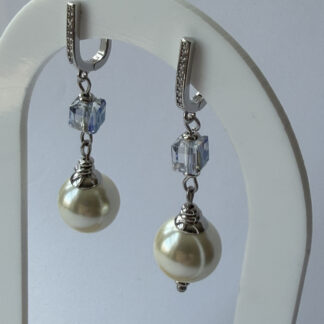 Pearl and Crystal Cube Drop Earrings – Silver-Tone Pavé Tops, Ice Blue Cube — featured image
