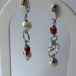 Mismatched Pearl and Red Cube Earrings – Asymmetric Silver-Tone Dangles with Open Rings — featured image