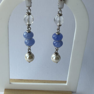 Blue Stone and Pearl Drop Earrings – Rock Crystal Bead, Silver-Tone Hinged Huggies — featured image