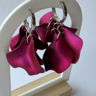 Fuchsia Petal Hoop Earrings – Satin Magenta Flower Petal Cluster on Silver-Tone Hoops — featured image