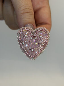 Blush Pink Faceted-Bead Heart Brooch – Hand-Embroidered Sparkle Pin — lifestyle photo