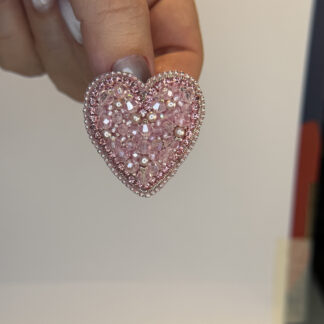 Small Pink Crystal Heart Brooch – Hand Embroidered Beaded Pin with Imitation Pearls — featured image
