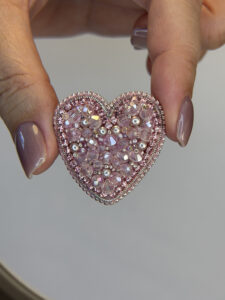 Pastel Pink Faceted-Bead Heart Brooch – Hand-Embroidered Sparkle Pin — lifestyle photo