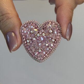 Pastel Pink Crystal Heart Brooch – Hand Embroidered Sparkling Beaded Lapel Pin — featured image